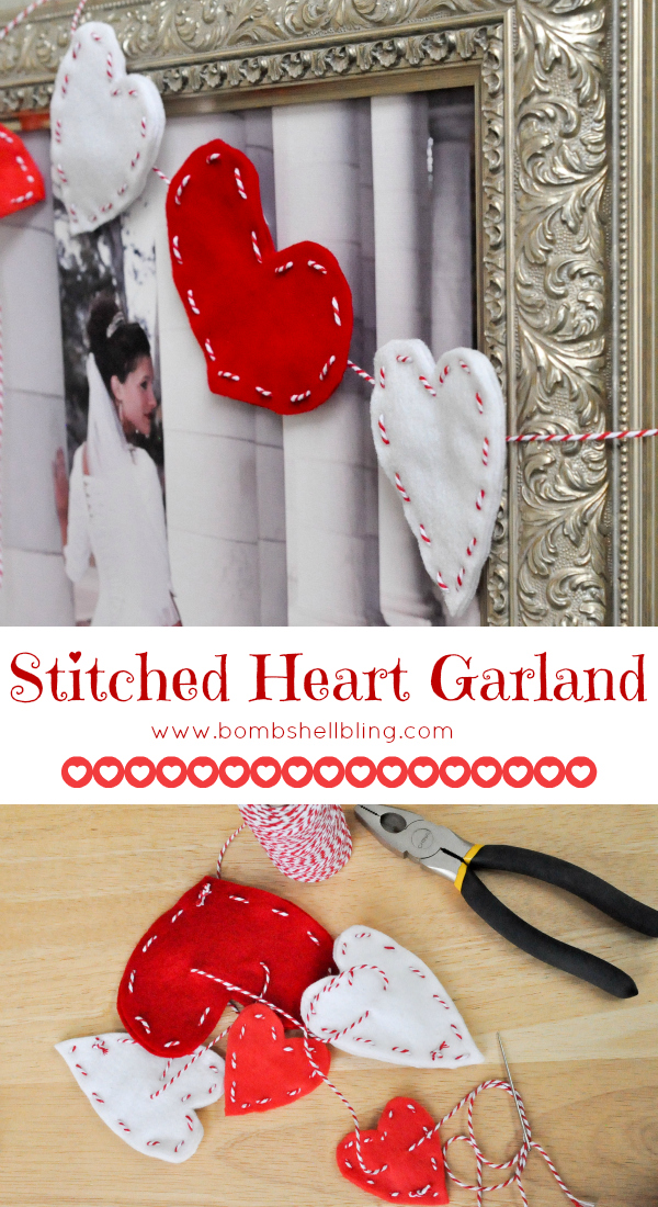 Stitched Heart Garland - Make this darling Valentine's Day Garland, it's a quick and easy DIY project made with felt and baker's twine. You will the the sweet romantic look!
