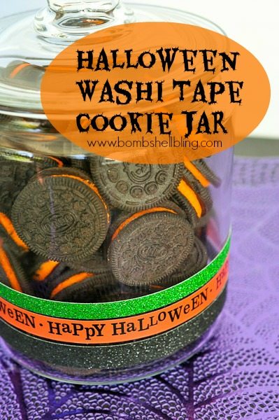 Use Halloween washi tape and glitter tape to create a festive cookie jar in minutes! Too fun!