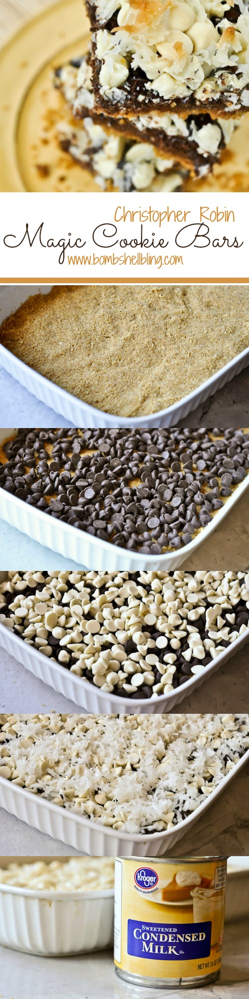 Christopher Robin Magic Cookie Bars are a delicious and simple recipe for layered cookie bars. One bite and your family and friends will be asking for them again and again. YUM!