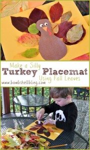 Make a silly turkey leaf placemat with your little one using fall leaves!