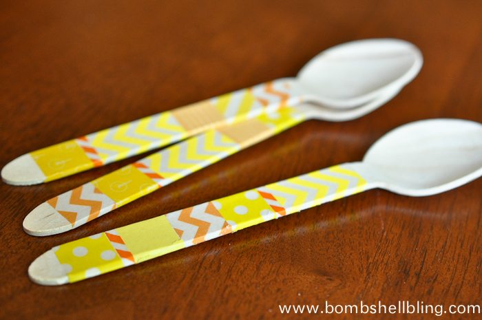Embellish spoons with Washi Tape to match party decor! Brilliant!