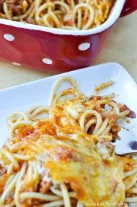 This old family recipe for baked spaghetti has a surpsingly zesty flavor and is SOOO GOOD!