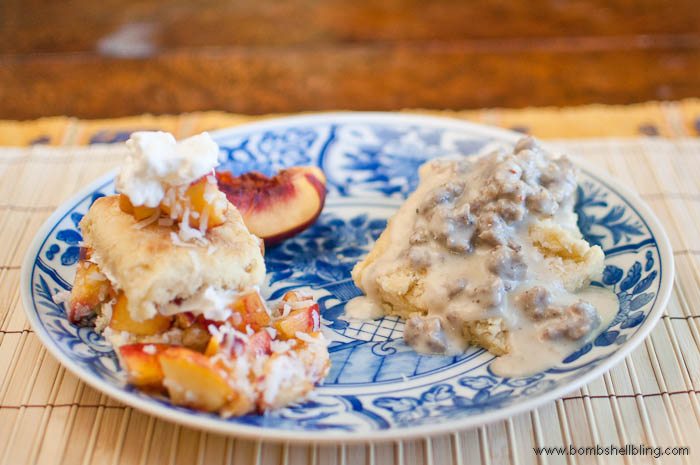 The world's best buttermilk biscuits -- two ways!  Topped with sausage gravy or ambrosia salad.