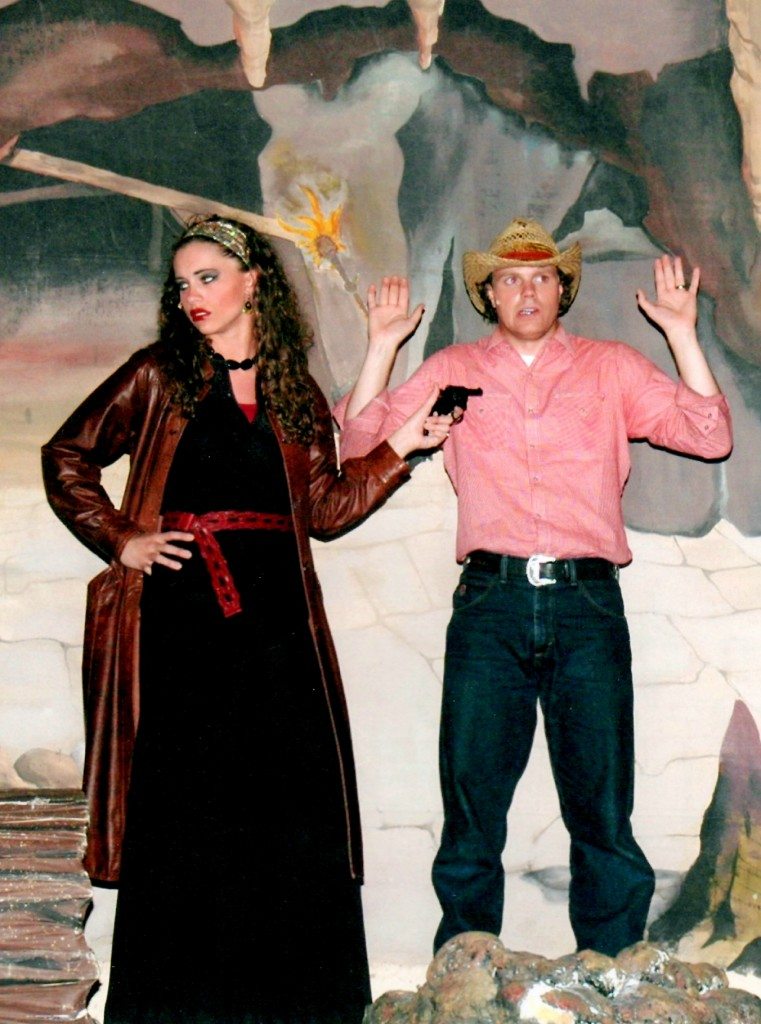 Melodramatic villainess and cowboy hero in Finding the Fickle Fortune at Pickleville Playhouse in Bear Lake, UT.  My son is completely fascinated with this picture!  :)