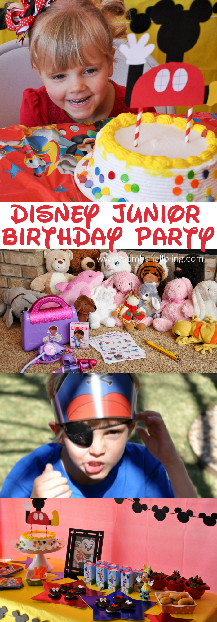 I received free products in order to host a Disney Kids Preschool Playdate. The opinions expressed here are my own.} Disney Junior Birthday Party pin collage