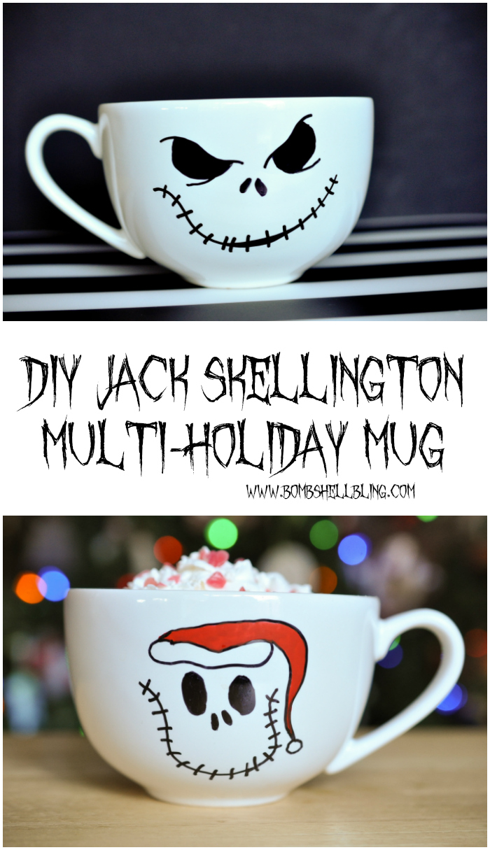This DIY Jack Skellington Multi-Holiday Mug is THE CUTEST and looks SOO easy to make! I LOVE IT! #jackskellington #nightmarebeforechristmas #Halloween #Christmas