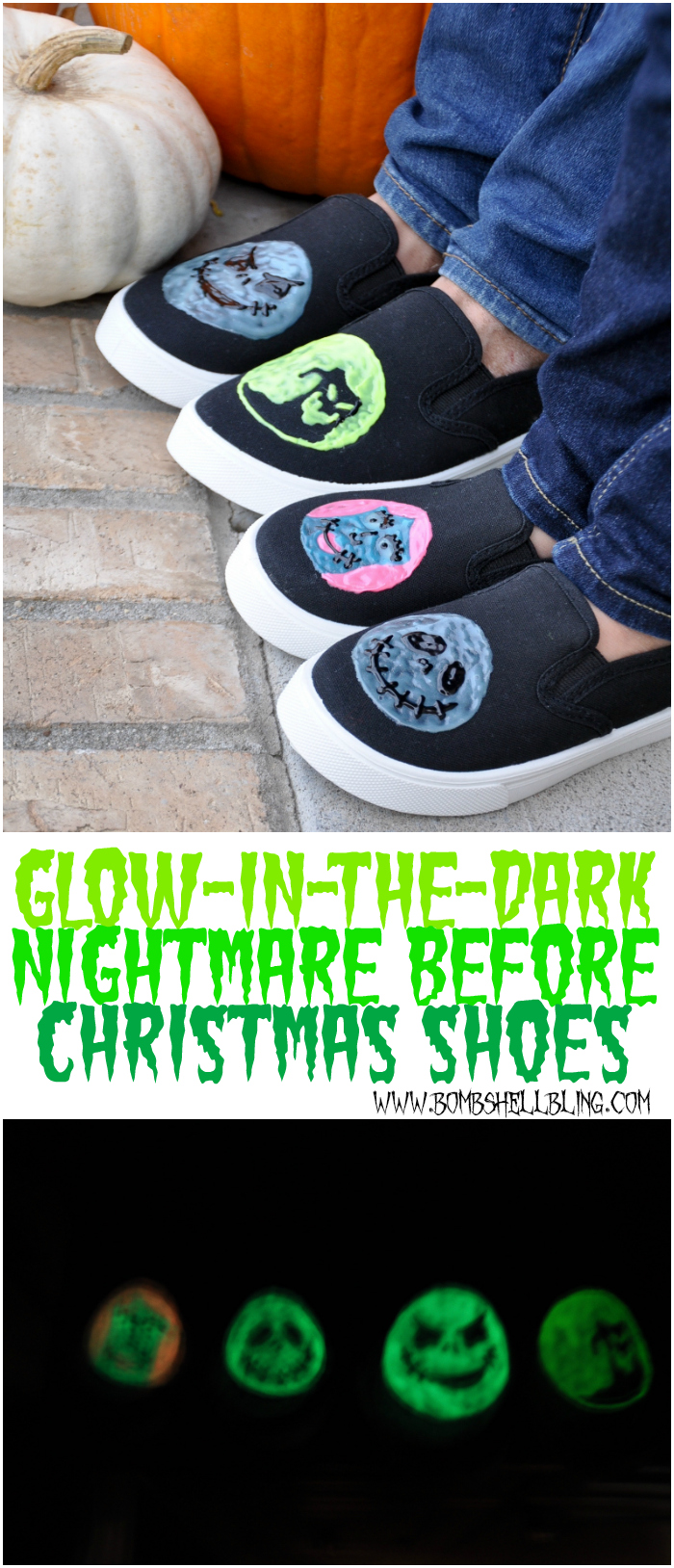 These glow-in-the-dark Nightmare Before Christmas shoes are the most adorable Halloween DIY ever!! I can't believe it's just puff paint!