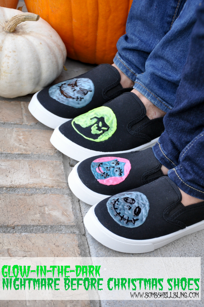 These glow-in-the-dark Nightmare Before Christmas shoes are the most adorable Halloween DIY ever!! I can't believe it's just puff paint!