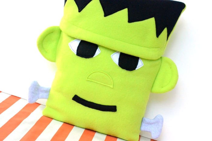 This Frankenstein pillow is the PERFECT decor for Halloween!  Such a cute, bold statement piece, but made with soft, cuddly fleece.